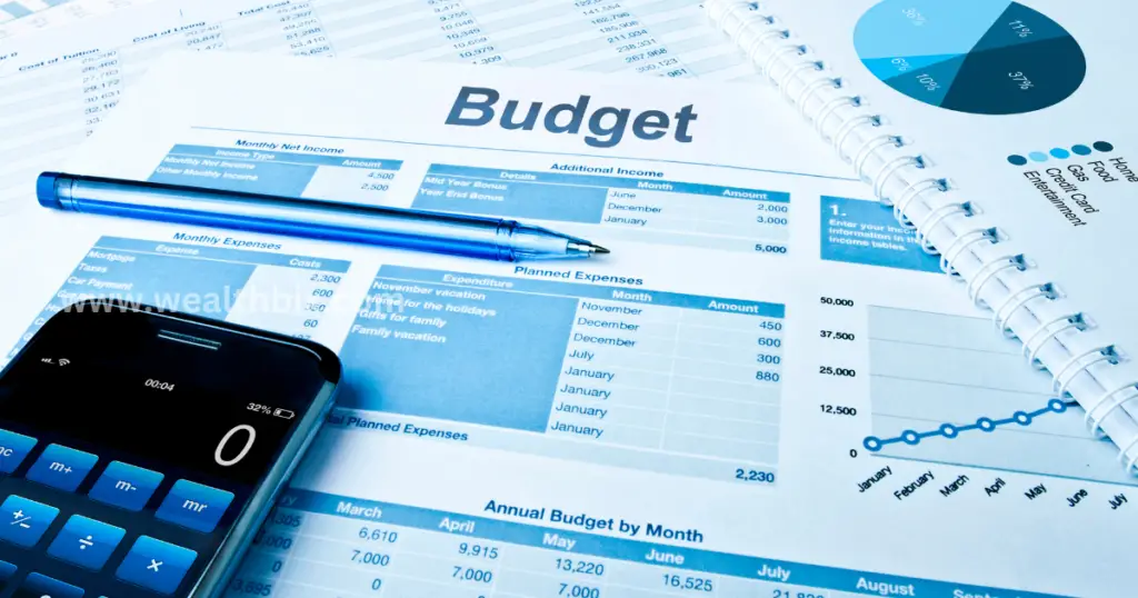 A smartphone displaying a budgeting app interface with charts and expense categories, symbolizing financial management.