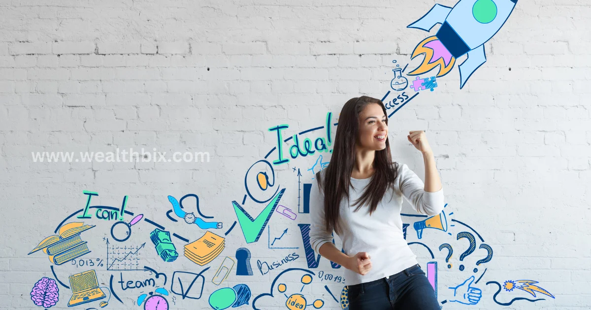 A confident entrepreneur standing with crossed arms in front of a whiteboard filled with business strategies, symbolizing success and clarity in entrepreneurship.